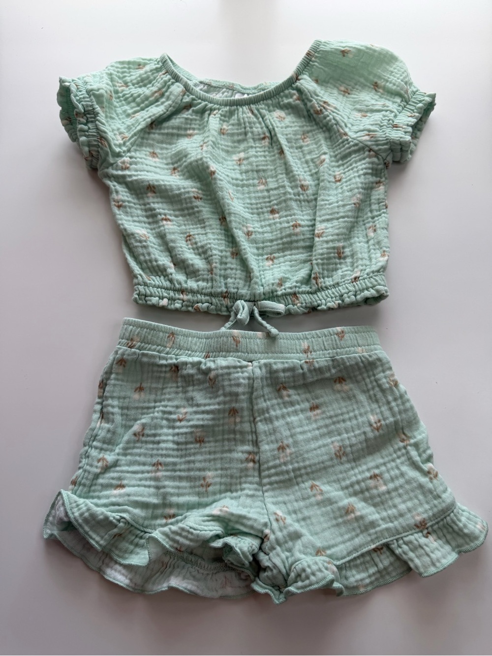Girls Mint Floral Two-Piece Matching Set - Top & Shorts